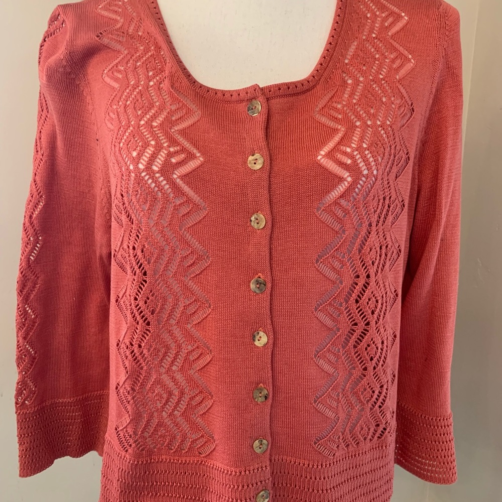 ladies coral colored lacy cardigan sweater